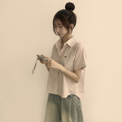 シャツ リボン刺繍ストライプ半袖シャツ LIGHT PINK