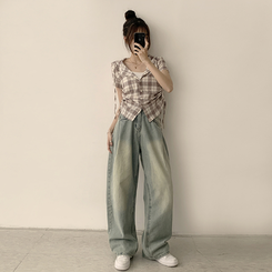 シャツ フードチェックセミクロップ半袖シャツ BEIGE