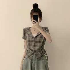 シャツ フードチェックセミクロップ半袖シャツ KHAKI