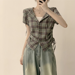 シャツ フードチェックセミクロップ半袖シャツ KHAKI