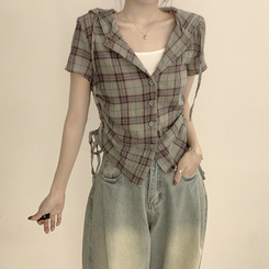 シャツ フードチェックセミクロップ半袖シャツ KHAKI