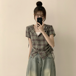 シャツ フードチェックセミクロップ半袖シャツ KHAKI
