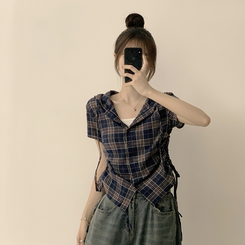 シャツ フードチェックセミクロップ半袖シャツ NAVY