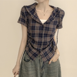 シャツ フードチェックセミクロップ半袖シャツ NAVY