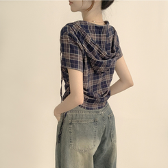 シャツ フードチェックセミクロップ半袖シャツ NAVY