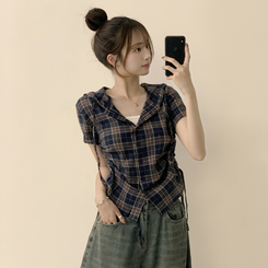 シャツ フードチェックセミクロップ半袖シャツ NAVY