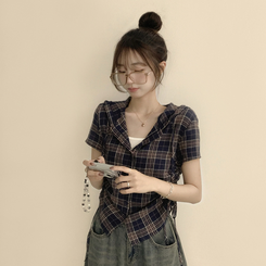 シャツ フードチェックセミクロップ半袖シャツ NAVY