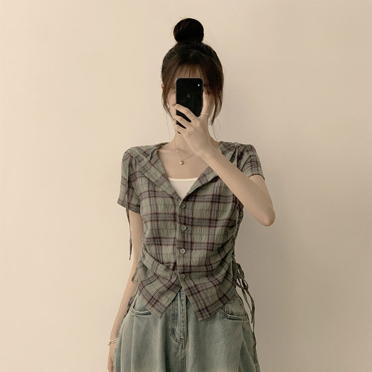 フードチェックセミクロップ半袖シャツ KHAKI