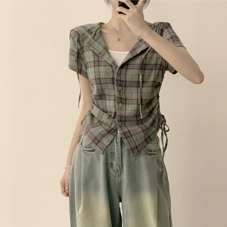 フードチェックセミクロップ半袖シャツ KHAKI