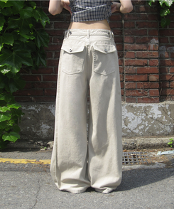 スリットラインワイドコットンパンツ BEIGE