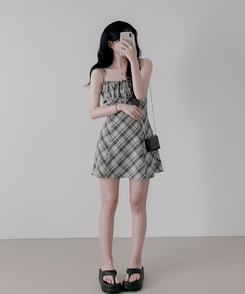 ミニワンピース チェックプリーツミニワンピース BLACK