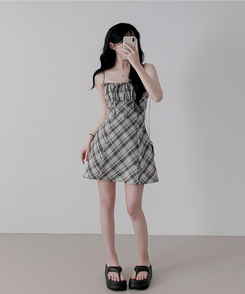 ミニワンピース チェックプリーツミニワンピース BLACK