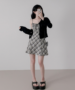 ミニワンピース チェックプリーツミニワンピース BLACK