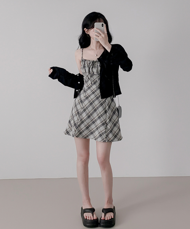チェックプリーツミニワンピース BLACK