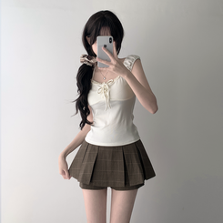 ツーピース 【SET着用可能】レースリボンTシャツ チェックプリーツミニスカートパンツ(8color) IVORY-TOP