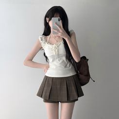 ツーピース 【SET着用可能】レースリボンTシャツ チェックプリーツミニスカートパンツ(8color) IVORY-TOP