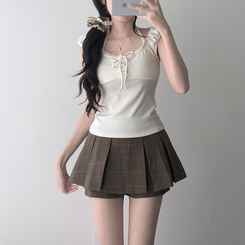 ツーピース 【SET着用可能】レースリボンTシャツ チェックプリーツミニスカートパンツ(8color) IVORY-TOP