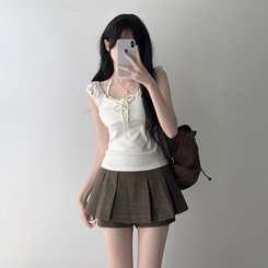 ツーピース 【SET着用可能】レースリボンTシャツ チェックプリーツミニスカートパンツ(8color) IVORY-TOP