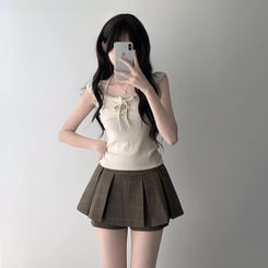 ツーピース 【SET着用可能】レースリボンTシャツ チェックプリーツミニスカートパンツ(8color) BEIGE-TOP