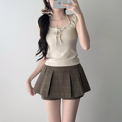 ツーピース 【SET着用可能】レースリボンTシャツ チェックプリーツミニスカートパンツ(8color) BEIGE-TOP