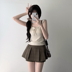 ツーピース 【SET着用可能】レースリボンTシャツ チェックプリーツミニスカートパンツ(8color) BEIGE-TOP