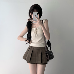 ツーピース 【SET着用可能】レースリボンTシャツ チェックプリーツミニスカートパンツ(8color) BEIGE-TOP
