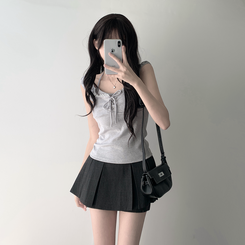 ツーピース 【SET着用可能】レースリボンTシャツ チェックプリーツミニスカートパンツ(8color) LIGHT GRAY-TOP