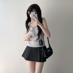 ツーピース 【SET着用可能】レースリボンTシャツ チェックプリーツミニスカートパンツ(8color) LIGHT GRAY-TOP