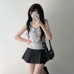 ツーピース 【SET着用可能】レースリボンTシャツ チェックプリーツミニスカートパンツ(8color) LIGHT GRAY-TOP