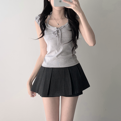 ツーピース 【SET着用可能】レースリボンTシャツ チェックプリーツミニスカートパンツ(8color) LIGHT GRAY-TOP