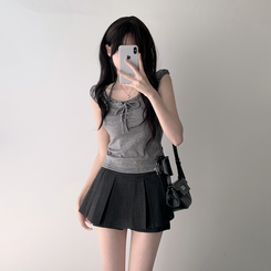 ツーピース 【SET着用可能】レースリボンTシャツ チェックプリーツミニスカートパンツ(8color) DEEP GRAY-TOP