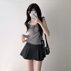 ツーピース 【SET着用可能】レースリボンTシャツ チェックプリーツミニスカートパンツ(8color) DEEP GRAY-TOP
