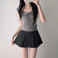ツーピース 【SET着用可能】レースリボンTシャツ チェックプリーツミニスカートパンツ(8color) DEEP GRAY-TOP