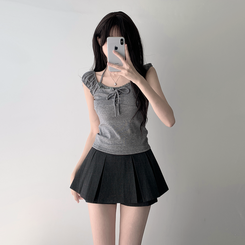 ツーピース 【SET着用可能】レースリボンTシャツ チェックプリーツミニスカートパンツ(8color) DEEP GRAY-TOP