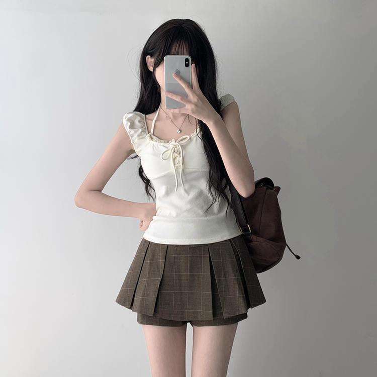 【SET着用可能】レースリボンTシャツ チェックプリーツミニスカートパンツ(8color) IVORY-TOP