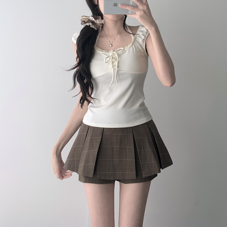 【SET着用可能】レースリボンTシャツ チェックプリーツミニスカートパンツ(8color) IVORY-TOP