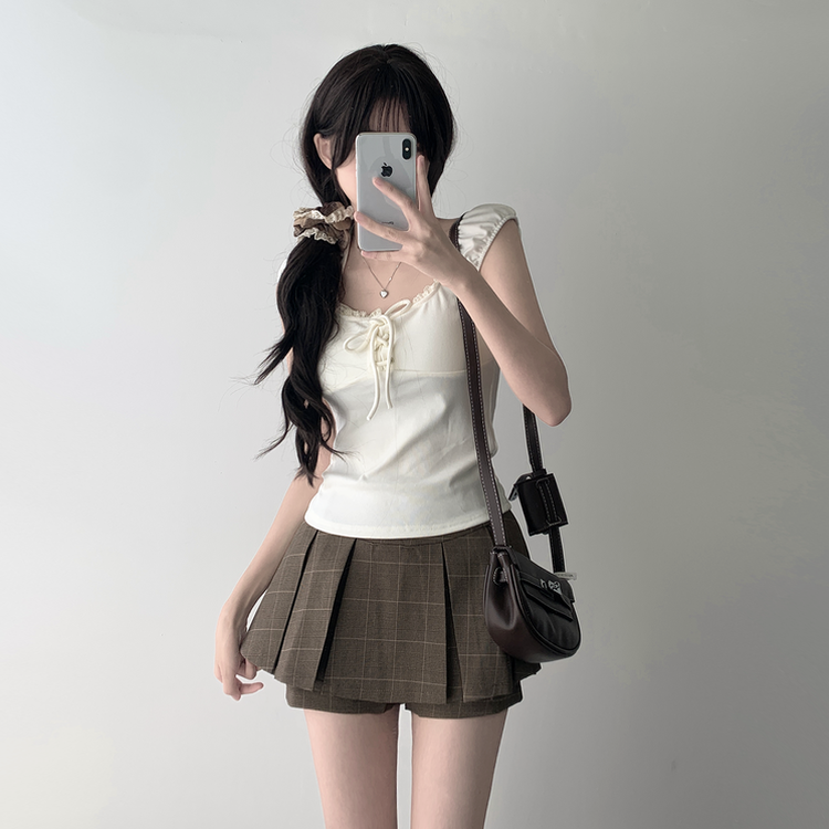 【SET着用可能】レースリボンTシャツ チェックプリーツミニスカートパンツ(8color) IVORY-TOP