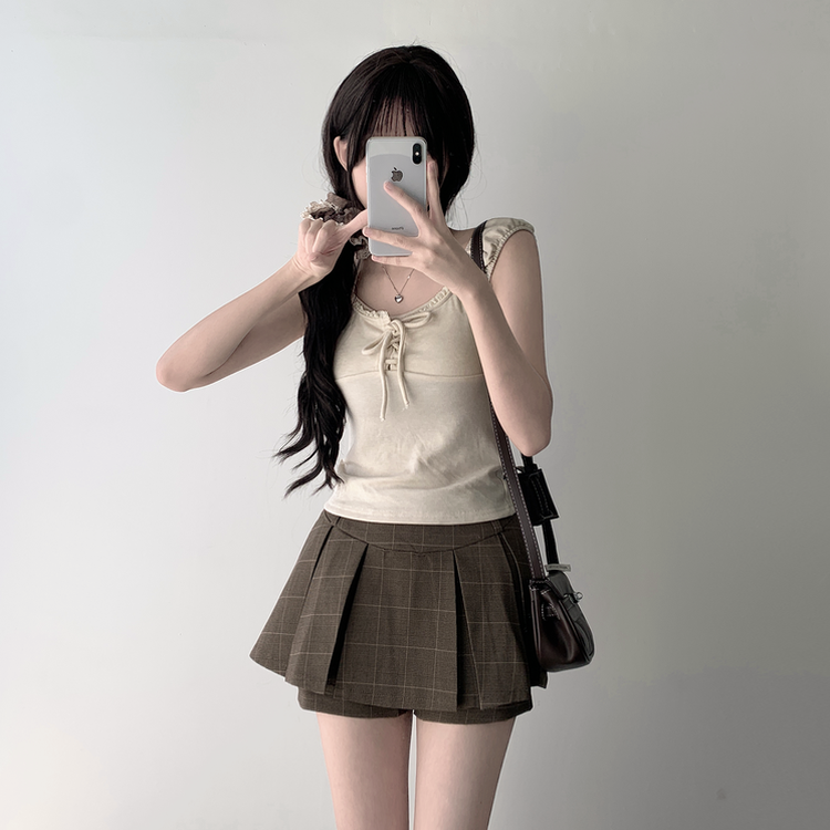 【SET着用可能】レースリボンTシャツ チェックプリーツミニスカートパンツ(8color) BEIGE-TOP