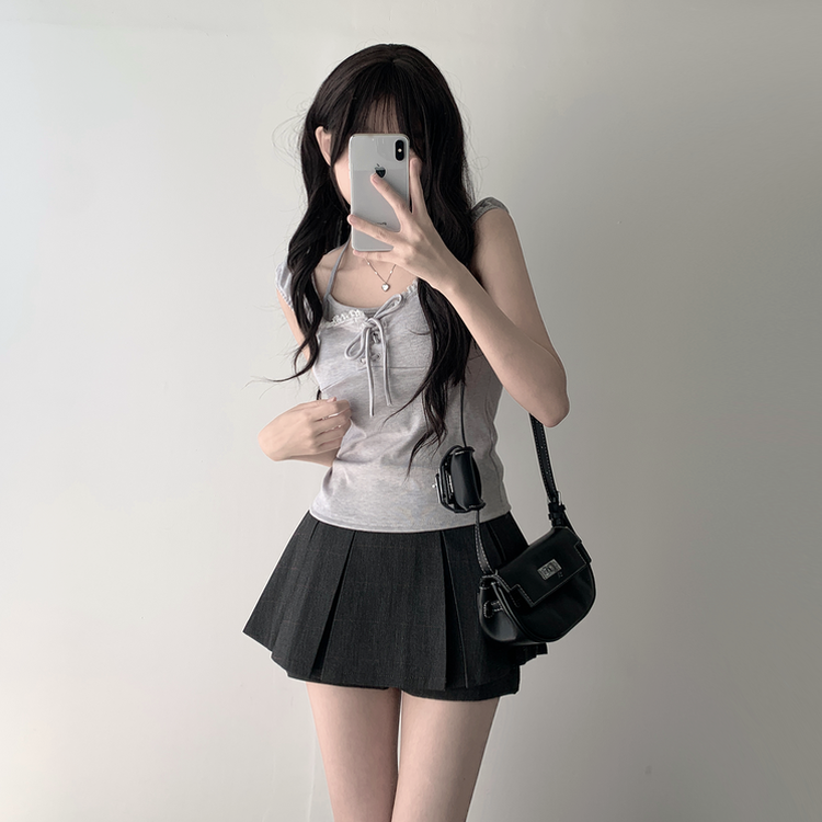 【SET着用可能】レースリボンTシャツ チェックプリーツミニスカートパンツ(8color) LIGHT GRAY-TOP
