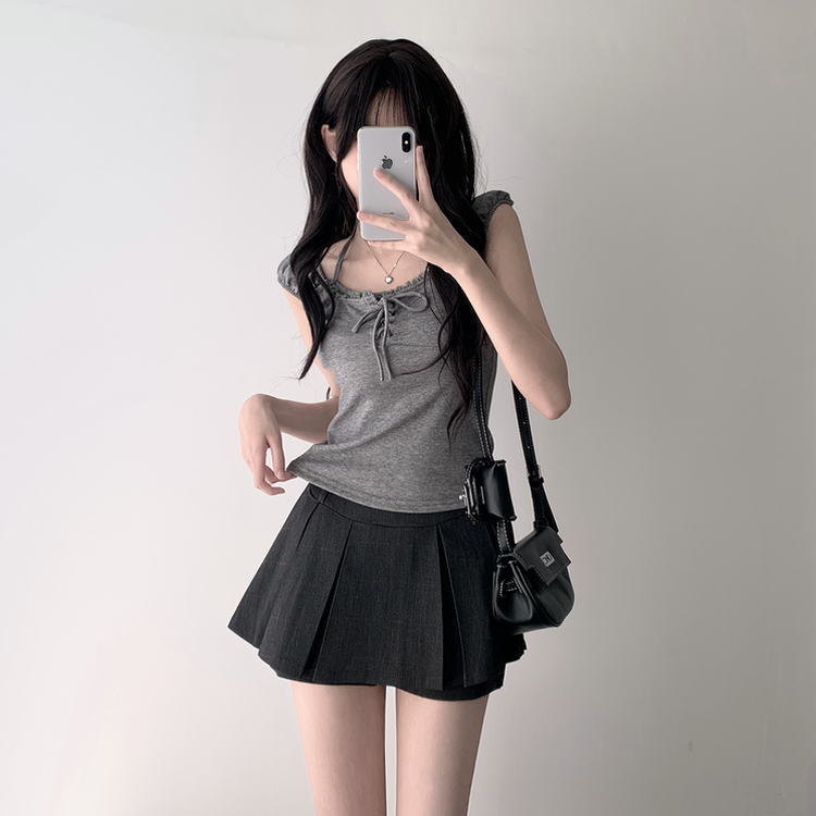 【SET着用可能】レースリボンTシャツ チェックプリーツミニスカートパンツ(8color) DEEP GRAY-TOP