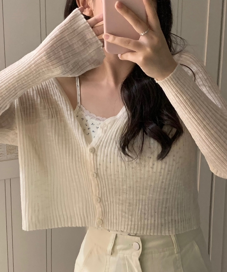 シースルーVネックカーディガン BEIGE