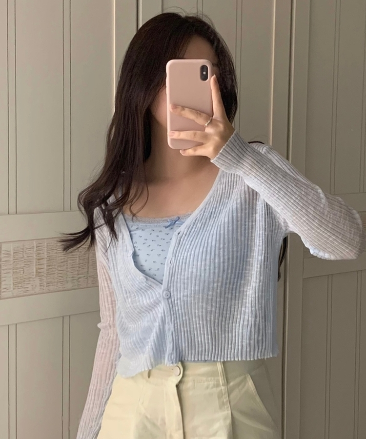 シースルーVネックカーディガン SKY BLUE