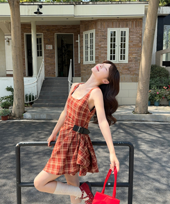キャミソールチェックベルトワンピース RED