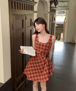 キャミソールチェックベルトワンピース RED