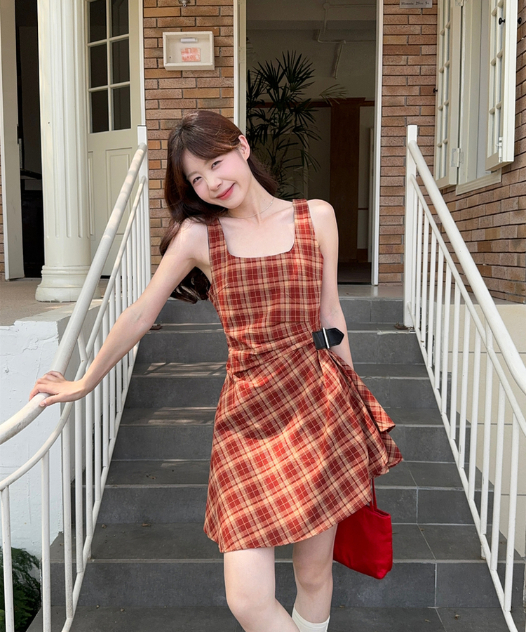 キャミソールチェックベルトワンピース RED