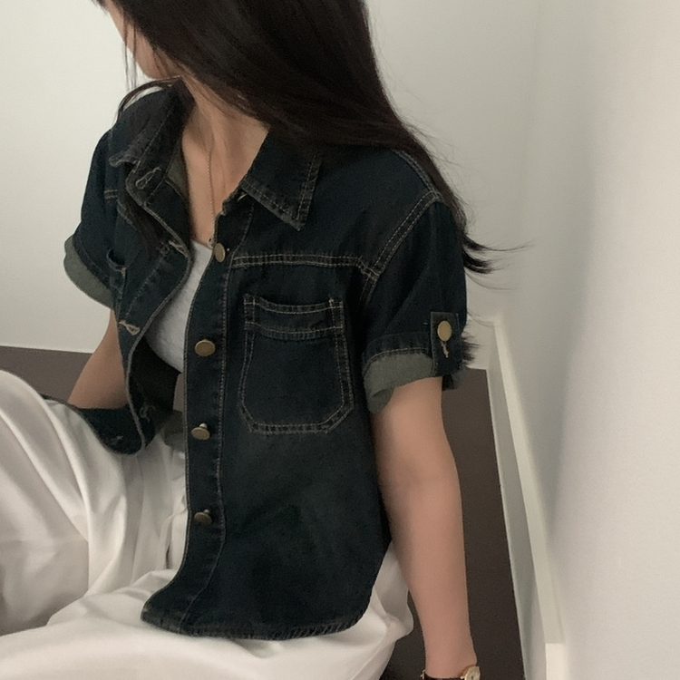 라이크 롤업 투포켓 반팔데님 자켓 셔츠 3color 흑청