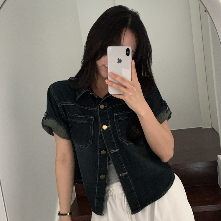 라이크 롤업 투포켓 반팔데님 자켓 셔츠 3color 흑청