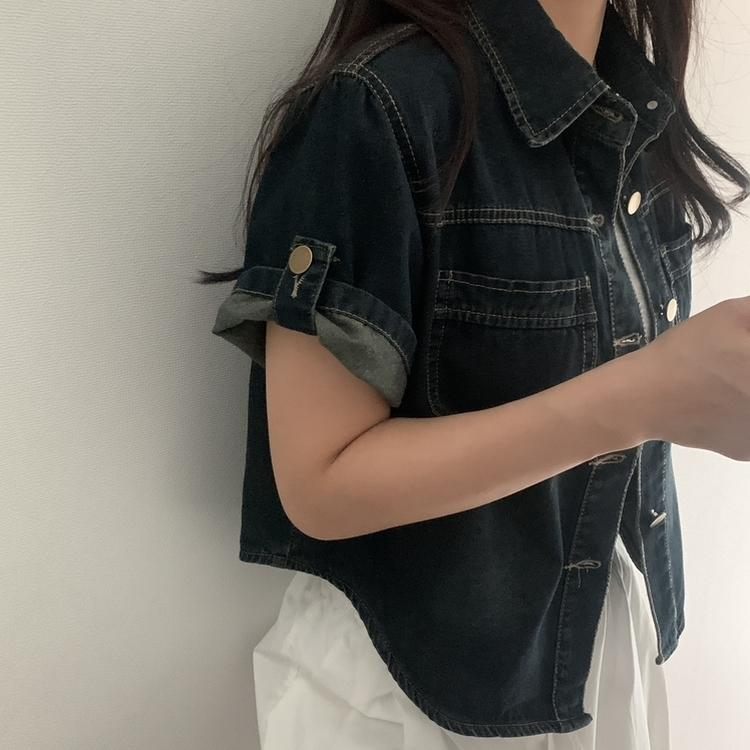 라이크 롤업 투포켓 반팔데님 자켓 셔츠 3color 흑청
