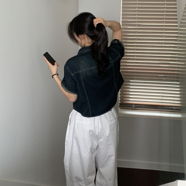 라이크 롤업 투포켓 반팔데님 자켓 셔츠 3color 흑청