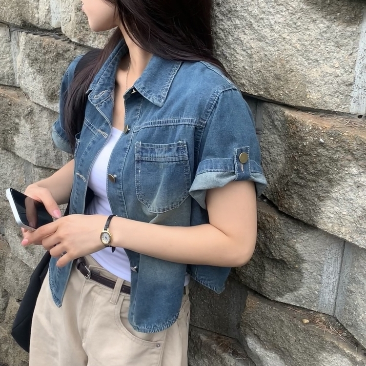 라이크 롤업 투포켓 반팔데님 자켓 셔츠 3color 진청